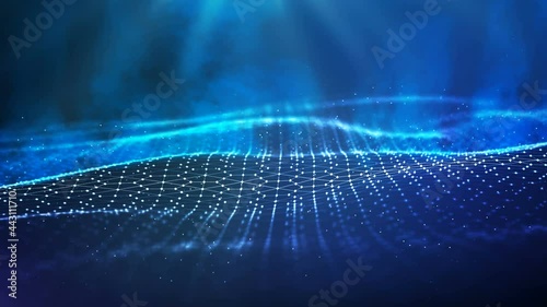 Blue wave technology business background. Abstract blue colour wave from animation in blue color with smoke. Seamless loop 4k. Big data visualisation.