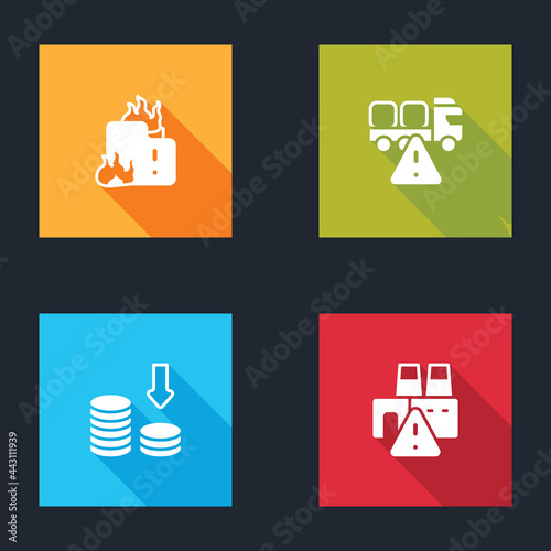 Set Fire in burning house, Stop delivery cargo truck, Dollar rate decrease and Shutdown of factory icon. Vector