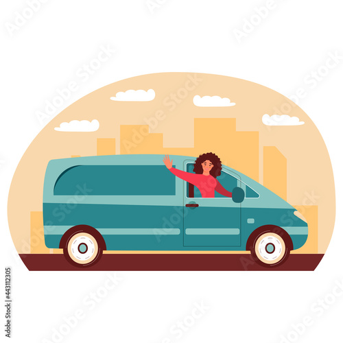 Happy girl drives a car. Active holidays or Domestic tourism concept. Time to travel, сartoon vector illustration