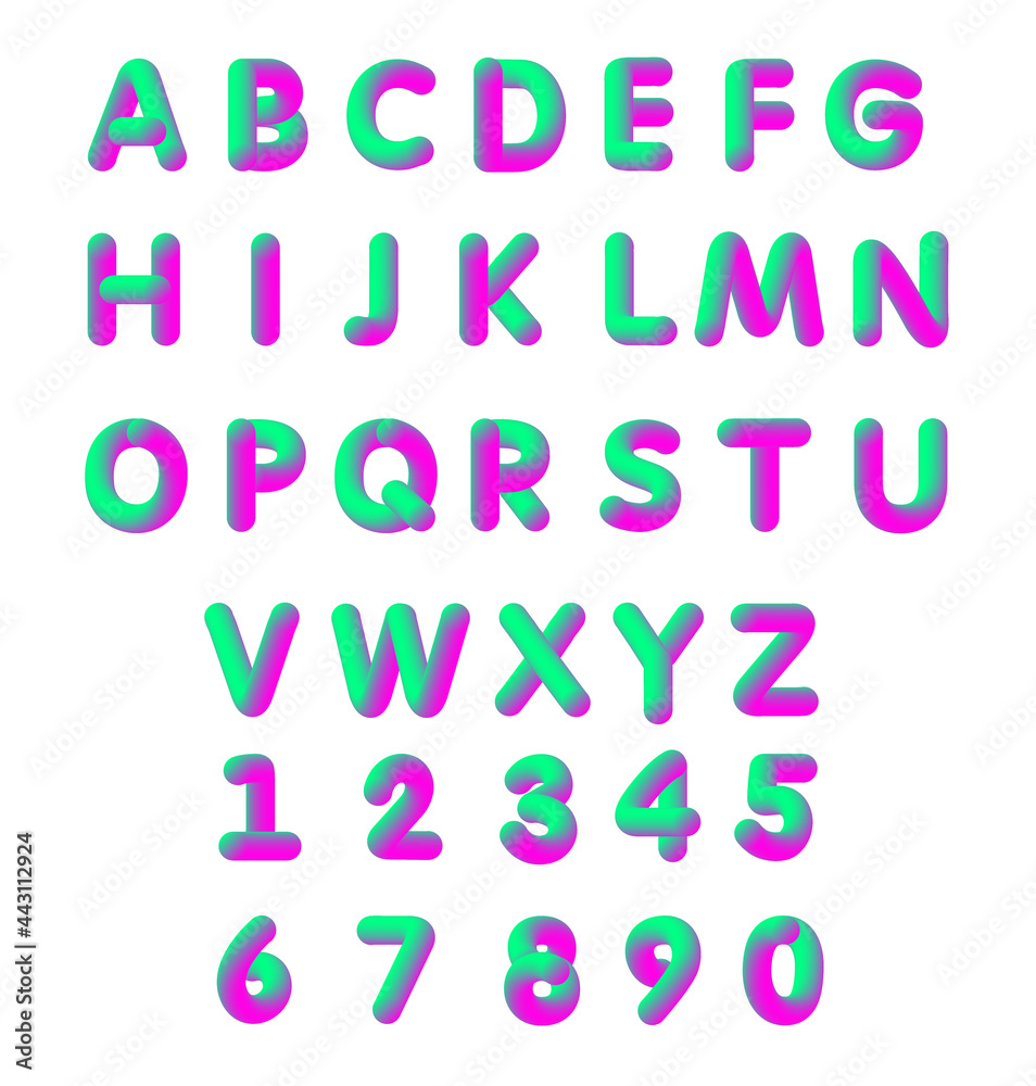 Vector illustration of bright color pink and green soft flexible neon 3D font. Alphabet isolated on a white background