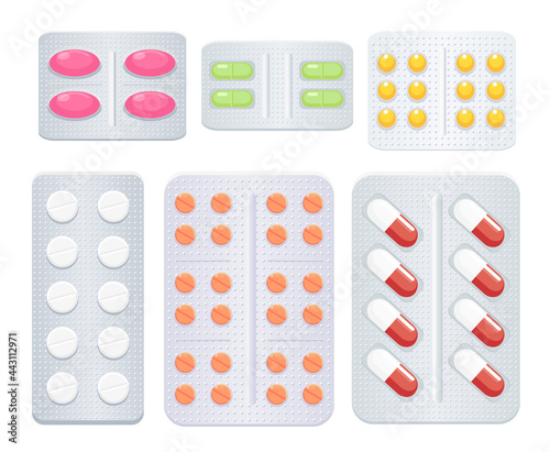 Vector illustration of medicine pills set. Different color and shape pharmaceutical antibiotics drugs, vitamins and pills. Health care concept