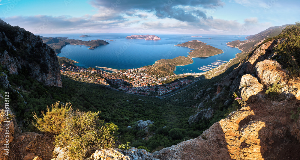 Amazing panoramic view of resort town Kas and turquoise coast area from the top of the mountain at sunrise. Kas is small fishing, diving, yachting and tourist town. Antalya.Turkey.
