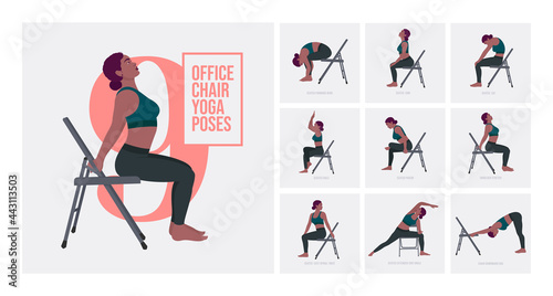 Chair yoga poses. Chair stretching exercises set. Woman workout fitness, aerobic and exercises. Vector Illustration.	