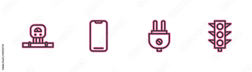 Set line Smart sensor, Electric plug, Smartphone and Traffic light icon. Vector Set line Smart sensor, Electric plug, Smartphone and Traffic light icon. Vector