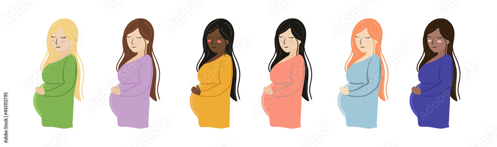 Vector illustration with different ethnicities and cultures pregnant women.