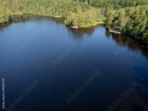 Fototapeta Naklejka Na Ścianę i Meble -  Bird's eye view of a pond, lake with green trees. Aerial, drone nature photography taken from above in Sweden in summer. Dark blue water surface background with copy space and place for text.