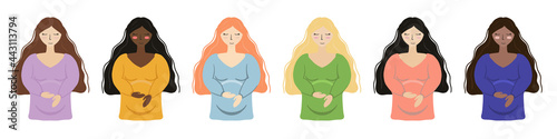 Vector illustration with different ethnicities and cultures pregnant women.