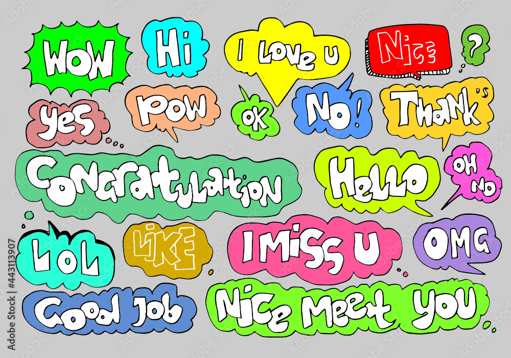Big set of hand drawn speech bubble phrases. Online chat cloud with different word commentary information forming vector isolated on gray background. stock illustration
