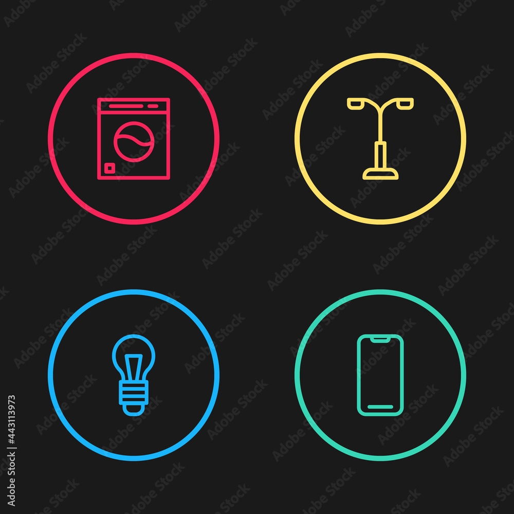 Set line Light bulb, Smartphone, Street light and Washer icon. Vector Set line Light bulb, Smartphone, Street light and Washer icon. Vector
