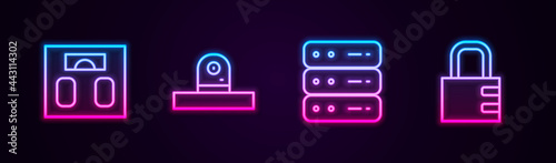 Set line Bathroom scales, Security camera, Server, Data, Web Hosting and Safe combination lock. Glowing neon icon. Vector