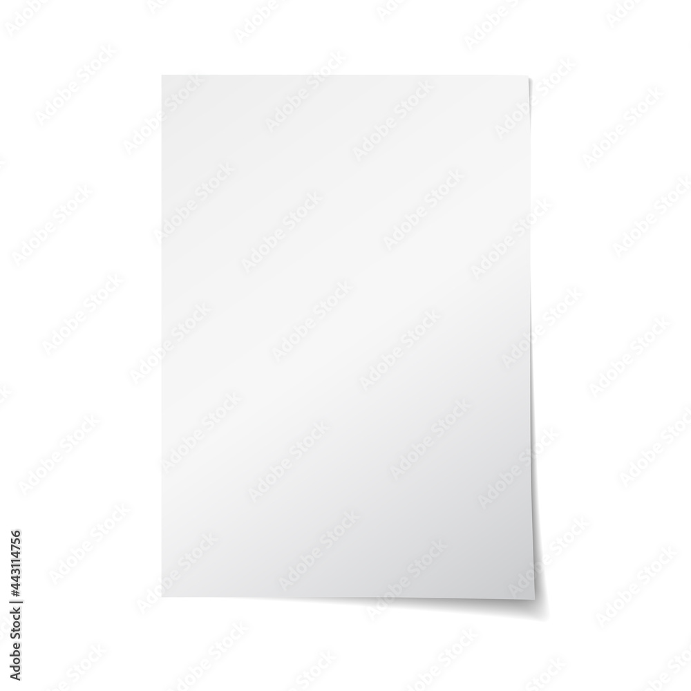 Realistic empty paper note template of A4 format with soft corner shadows isolated on white background. Vector illustration of a blank white sheet of paper.