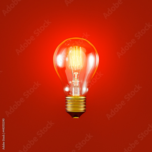 glowing classic light bulb with filament on red background, web banner or template, 3d rendering
