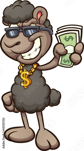 Black sheep wearing a dollar sign golden pendant cartoon and holding paper bills. Vector clip art illustration with simple gradients. All on a single layer
