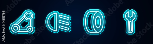 Set line Timing belt kit, High beam, Car tire and Wrench spanner. Glowing neon icon. Vector