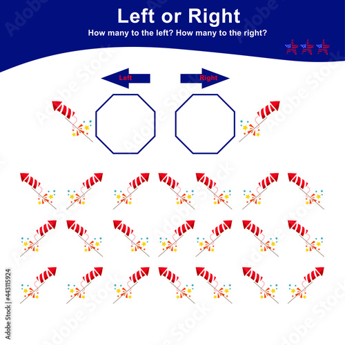 Left or Right Game for Preschool Children with Fourth July theme. Educational printable math worksheet. Additional math for kids. 