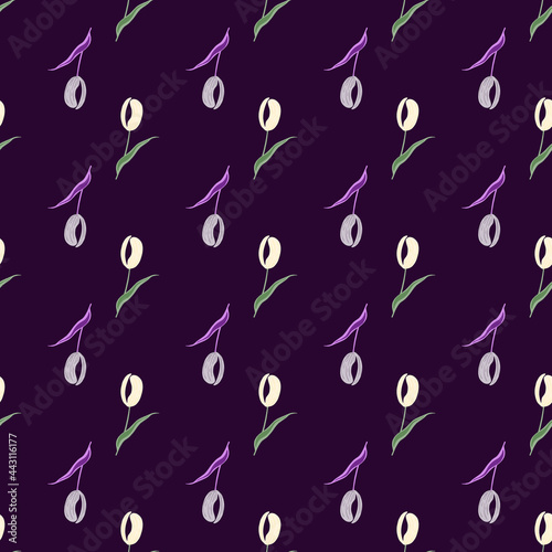 Floral dark seamless pattern with decorative tulip flowers silhouettes. Purple background. Simple style.