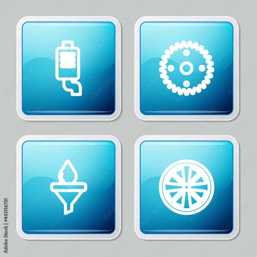 Set line Car muffler, Gear, Funnel and oil drop and Alloy wheel icon. Vector