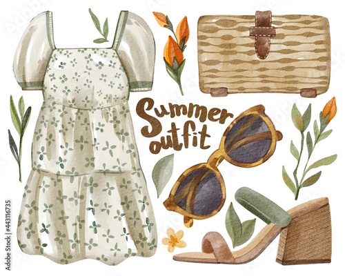 Watercolor hand drawing summer outfit set: cute dress, sunglasses, rattan bag, sandals with leaves and flowers. Trendy colors. Use for poster, print, card, design, shop, market, magazine