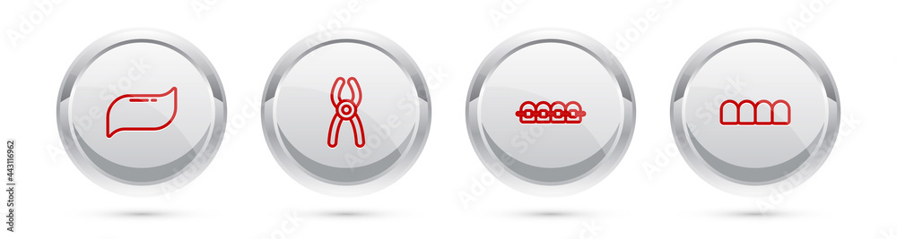 Set line Toothpaste, Dental pliers, Teeth with braces and Dentures model. Silver circle button. Vector Set line Toothpaste, Dental pliers, Teeth with braces and Dentures model. Silver circle button. Vector
