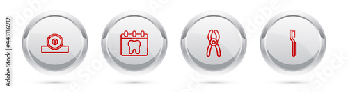 Set line Otolaryngological head reflector, Calendar with tooth, Dental pliers and Toothbrush. Silver circle button. Vector