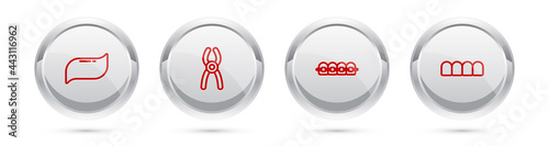 Set line Toothpaste, Dental pliers, Teeth with braces and Dentures model. Silver circle button. Vector