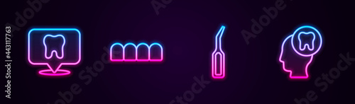 Set line Dental clinic location, Dentures model, explorer scaler and Human head with tooth. Glowing neon icon. Vector