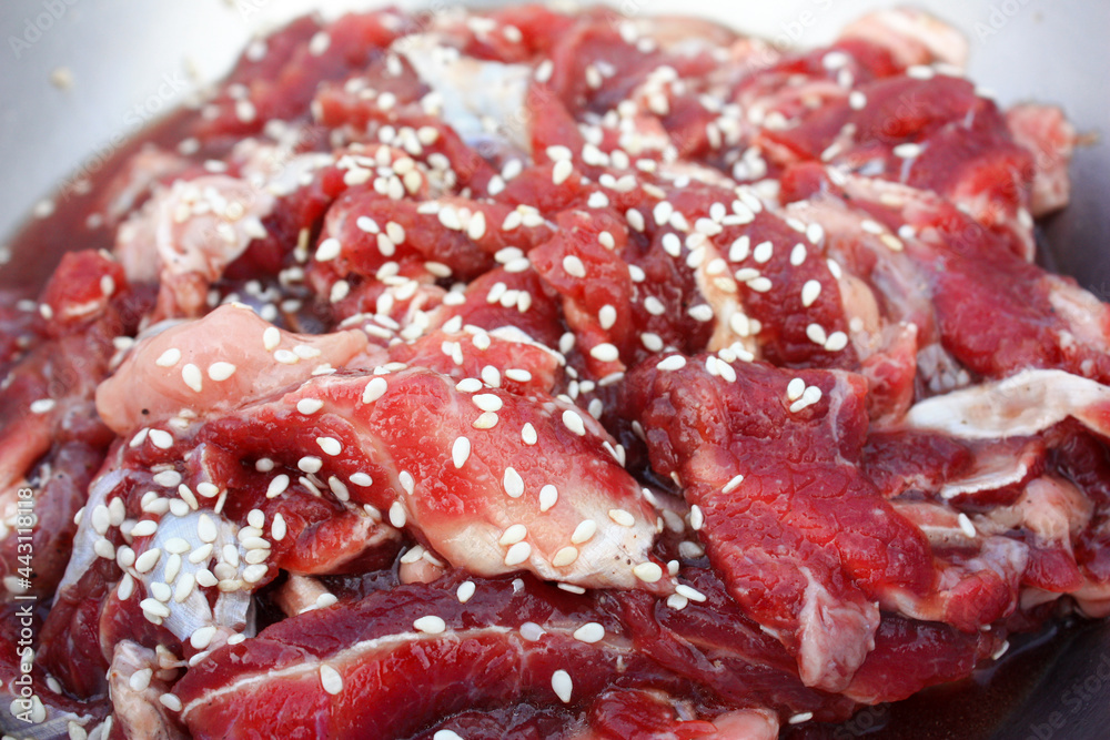 red fresh meat with sesame
red fresh meat with sesame