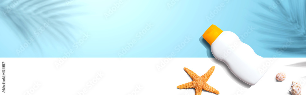 Sunblock bottle starfish and seashells Sunblock bottle starfish and seashells
