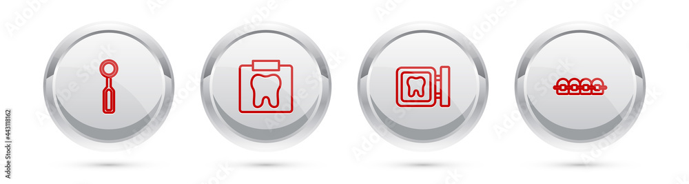 Set line Dental inspection mirror, X-ray of tooth, clinic location and Teeth with braces. Silver circle button. Vector Set line Dental inspection mirror, X-ray of tooth, clinic location and Teeth with braces. Silver circle button. Vector