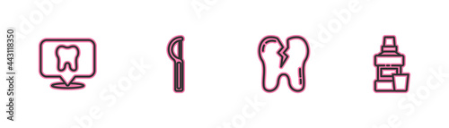 Set line Dental clinic location, Broken tooth, floss and Mouthwash bottle icon. Vector