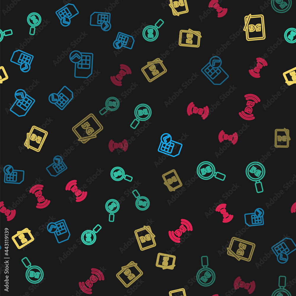 Set line Sim card, Search 5G network, Graphic tablet with and on seamless pattern. Vector