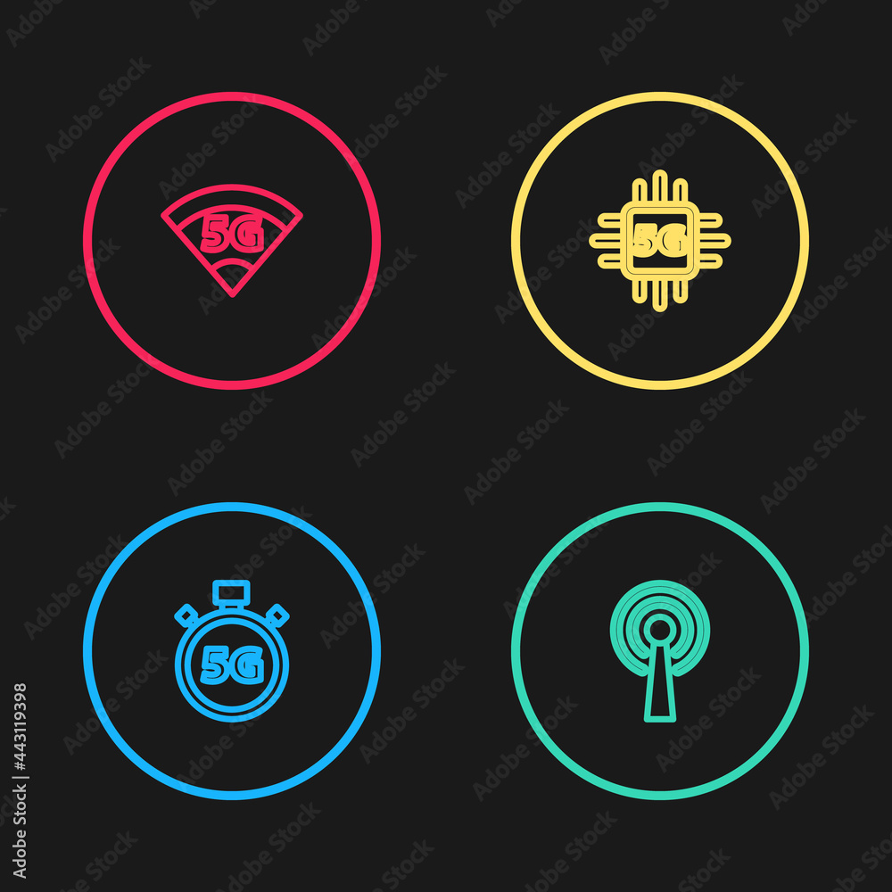 Set line Digital speed meter 5G, Antenna, Processor and network icon. Vector Set line Digital speed meter 5G, Antenna, Processor and network icon. Vector
