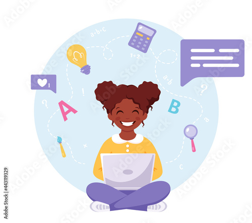 Black girl studying with computer. Online learning, back to school concept. Vector illustration