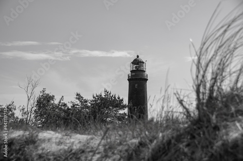 Fototapeta Naklejka Na Ścianę i Meble -  Black and white photo of the Darsser Ort lighthouse on the Baltic Sea