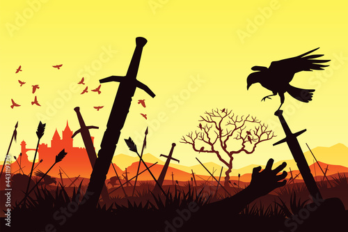 Silhouette of the battle for the castle. Silhouette of the battlefield. Background of swords stuck into the ground. Ravens fly over corpses. Detailed wallpaper. Stock vector illustration. EPS 10.