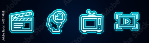 Set line Movie clapper, Head with camera, Retro tv and Online play video. Glowing neon icon. Vector