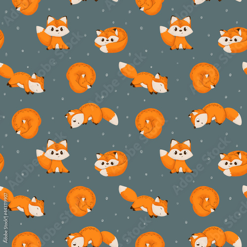 Seamless pattern of cute fox illustration. Cartoon fox perfect for your own design. Can use in textile, wrapping paper, fabric, party, print and etc.