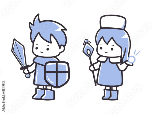 シンプルな線の勇者とヒーラーのイラスト_ゲーム_RPG