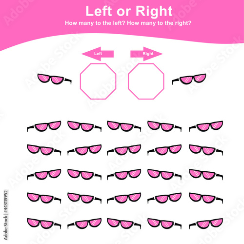 Left or Right Game for Preschool Children. Educational printable math worksheet. Additional math for kids. Vector illustration in cartoon style. 