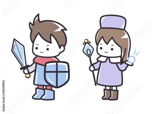 シンプルな線の勇者とヒーラーのイラスト_ゲーム_RPG