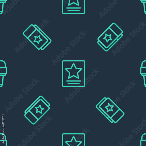 Set line Hollywood walk of fame star, Cinema ticket and Microphone on seamless pattern. Vector