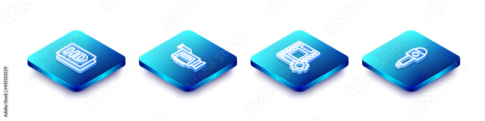 Set Isometric line Hd movie, tape, frame, Cinema camera, Play Video and Microphone icon. Vector Set Isometric line Hd movie, tape, frame, Cinema camera, Play Video and Microphone icon. Vector