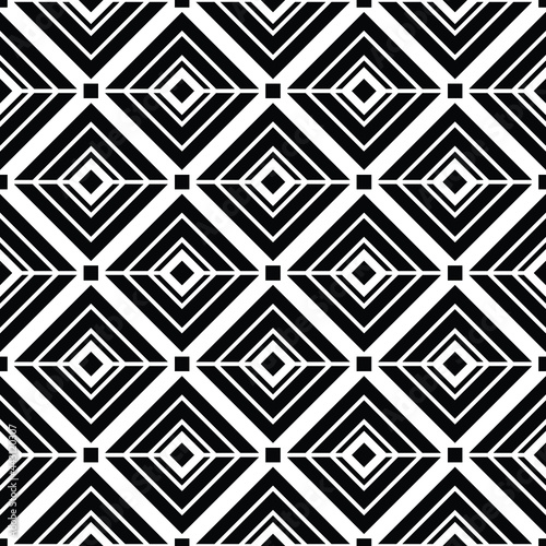 Abstract geometric seamless pattern with stripes lines and squares monochrome vector background.