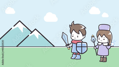 シンプルな線の勇者とヒーラーのイラスト_ゲーム_RPG_16:9