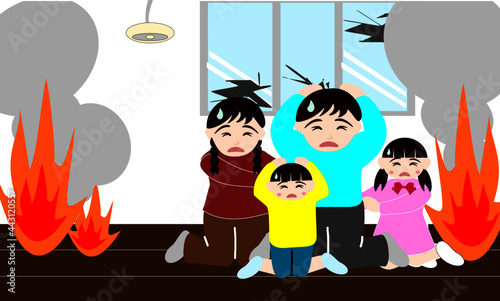火事に驚く家族