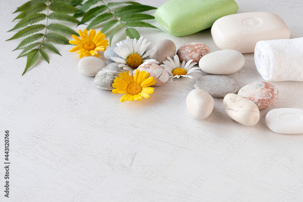 Flowers are yellow calendula officinalis and white chamomile. Light background for spa treatments, stone therapy, herbal sauna. Flowers are yellow calendula officinalis and white chamomile. Light background for spa treatments, stone therapy, herbal sauna.