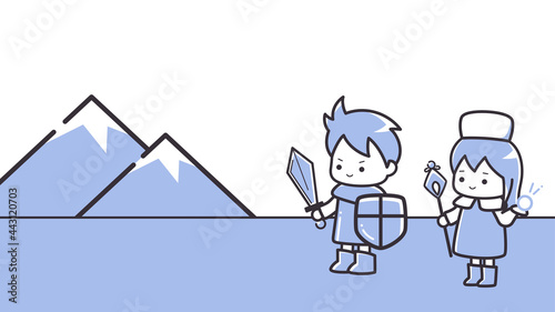 シンプルな線の勇者とヒーラーのイラスト_ゲーム_RPG_16:9