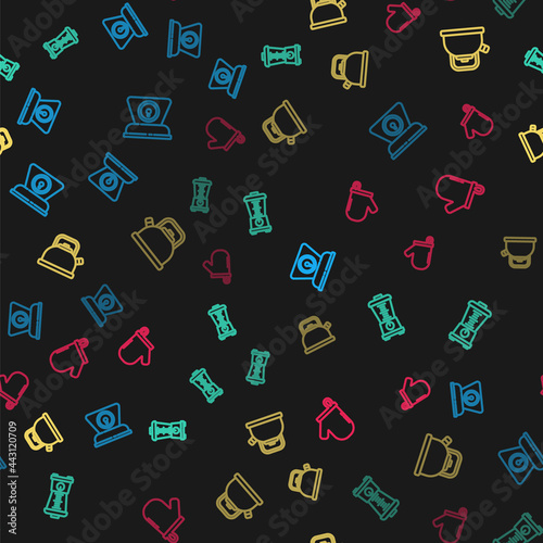 Set line Scales, Blender, Kettle with handle and Oven glove on seamless pattern. Vector