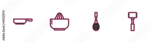 Set line Frying pan, Kitchen whisk, Citrus fruit juicer and hammer icon. Vector