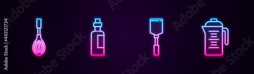 Set line Kitchen whisk, Bottle of olive oil, Spatula and Teapot. Glowing neon icon. Vector
